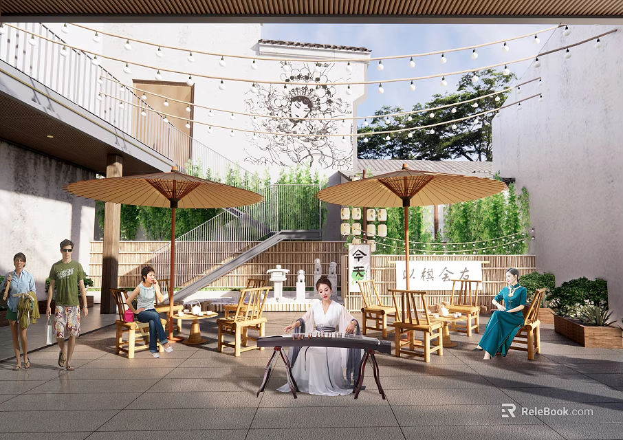 Scenic Feature Wall In Outdoor Courtyard With Green Plants Wooden Chairs And Umbrellas 3d model 