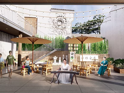 Scenic Feature Wall In Outdoor Courtyard With Green Plants Wooden Chairs And Umbrellas 3d model