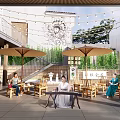 Scenic Feature Wall In Outdoor Courtyard With Green Plants Wooden Chairs And Umbrellas