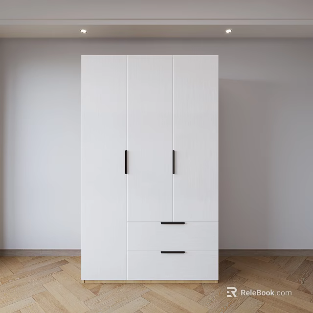 White Wardrobe With Three Doors Two Drawers And Black Handles On Wooden Floor 3d model 
