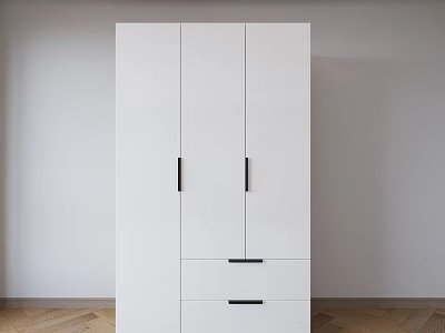 White Wardrobe With Three Doors Two Drawers And Black Handles On Wooden Floor 3d model