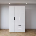 White Wardrobe With Three Doors Two Drawers And Black Handles On Wooden Floor