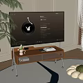 Modern Smart TV on Wooden Stand in Living Room with Vase Books and Decorative Elements