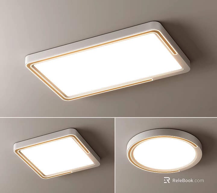 Modern White Ceiling Lights With Golden Trim In Rectangular And Circular Shapes 3d model 