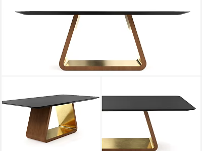 Modern Black Dining Table With Wooden Gold Metal Geometric Leg Base Design 3d model