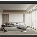Modern Minimalist Bedroom Interior With Striped Accent Wall Large Bed And Window Blinds 3d model