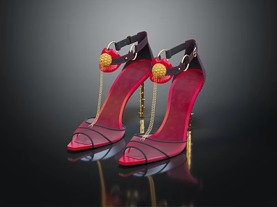 Elegant Transparent High Heels With Red Toe Cap And Golden Chain Details 3d model