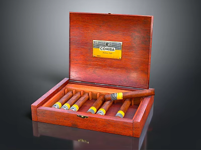 Open Wooden Cigar Box with COHIBA Label and Cigars Inside as Decorative Ornament Set 3d model