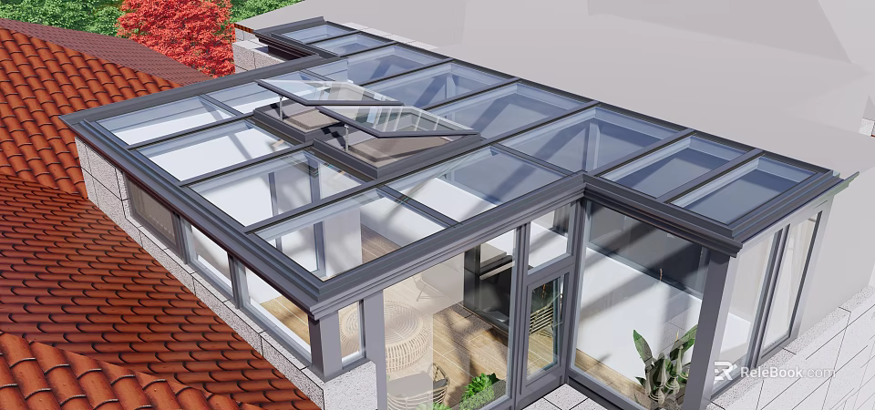 Villa Balcony With Glass Roof And Metal Frame Featuring Red Roof Tiles And Plants 3d model 