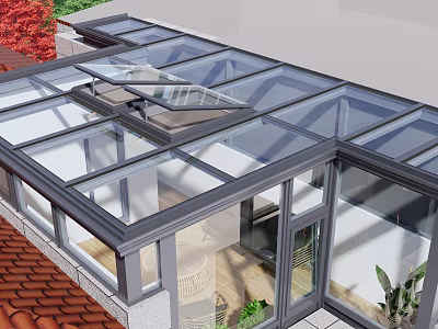 Villa Balcony With Glass Roof And Metal Frame Featuring Red Roof Tiles And Plants 3d model
