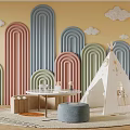 Vibrant Arched Wall Design in Kids Room With Cloud Decorations Teepee and Small Stool