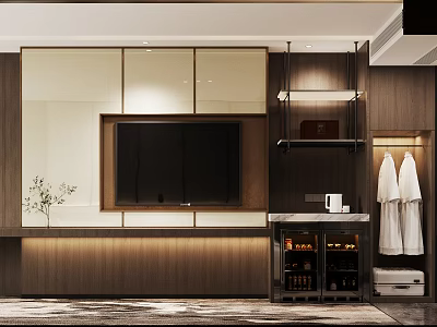 Modern Hotel Guest Room Featuring Wooden Decor Built-in TV Wine Cabinet And White Robes 3d model