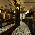 Classic Restaurant Interior With Wooden Decor Hanging Lanterns And Dining Tables