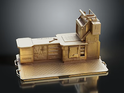 Golden Metal Furniture Workstation Design Featuring Countertop Drawers Cabinets And Layered Structure 3d model