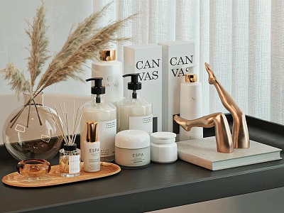 Washing Daily Products Display With Bottles Jars Lotion Tray And Aromatherapy Decor 3d model