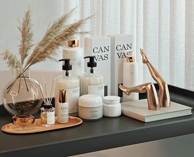 Washing Daily Products Display With Bottles Jars Lotion Tray And Aromatherapy Decor 3d model