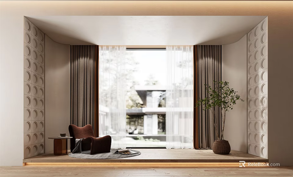 Brown Curtains in Living Room with Large Window Textured Walls Armchair and Potted Plant 3d model 