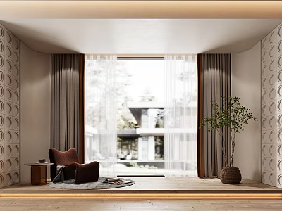 Brown Curtains in Living Room with Large Window Textured Walls Armchair and Potted Plant 3d model