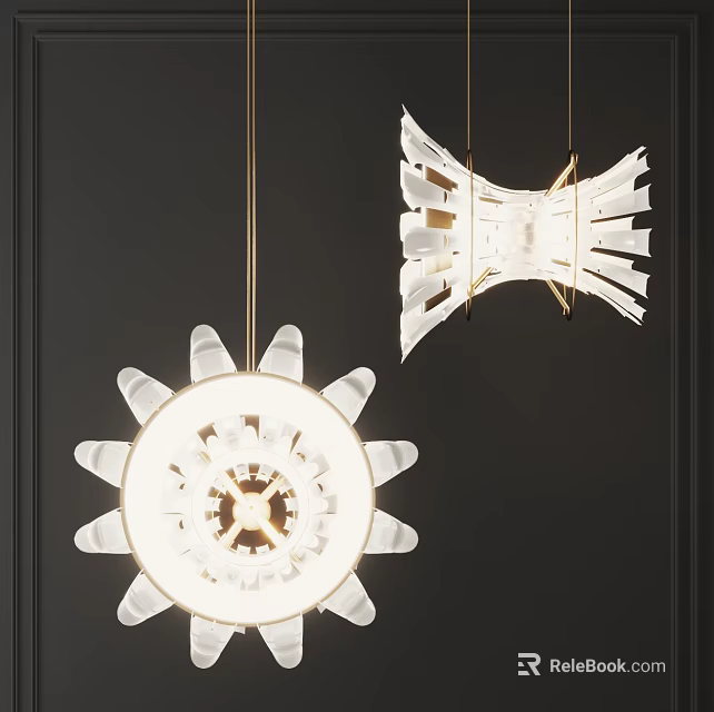 Modern Unique Designed Chandeliers with White Petal Shaped Structure and Gold Accents 3d model 