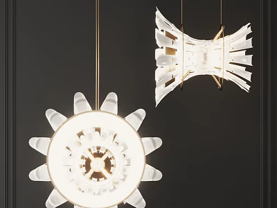 Modern Unique Designed Chandeliers with White Petal Shaped Structure and Gold Accents 3d model