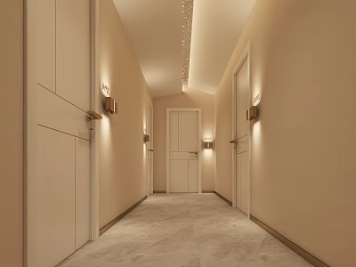 Elevator Hallway With Light Colored Walls White Doors Recessed Lighting And Marble Flooring 3d model