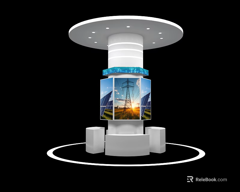 Modern Display Stand With Digital Screens Showing Solar Panels Power Lines And Sunset 3d model 