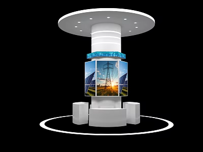 Modern Display Stand With Digital Screens Showing Solar Panels Power Lines And Sunset 3d model