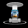Modern Display Stand With Digital Screens Showing Solar Panels Power Lines And Sunset