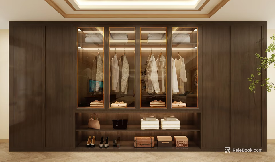 Modern Wooden Wardrobe With Glass Doors Hanging Folded Clothes Handbags Shoes And Books 3d model 