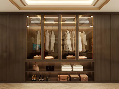 Modern Wooden Wardrobe With Glass Doors Hanging Folded Clothes Handbags Shoes And Books 3d model
