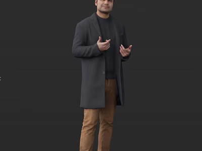 Man Standing In Gray Coat Black Sweater Brown Pants With Open Hands On Black Background 3d model