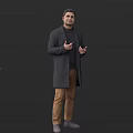 Man Standing In Gray Coat Black Sweater Brown Pants With Open Hands On Black Background