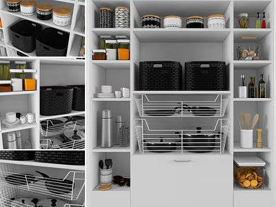Organized Kitchenware Storage With Shelves Jars Baskets And Pans In Modern Kitchen 3d model