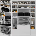 Organized Kitchenware Storage With Shelves Jars Baskets And Pans In Modern Kitchen