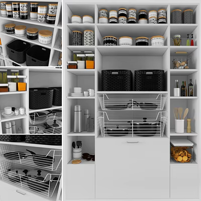 Organized Kitchenware Storage With Shelves Jars Baskets And Pans In Modern Kitchen 3d model