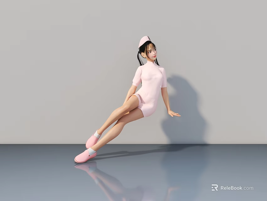 Woman in pink hat and outfit stretching with lifted leg on shiny floor with reflection 3d model 