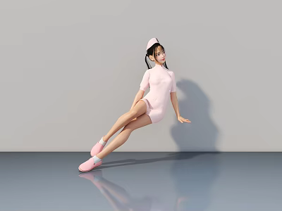 Woman in pink hat and outfit stretching with lifted leg on shiny floor with reflection 3d model