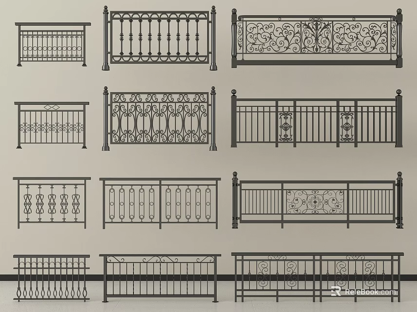 Various Decorative Railing Designs With Intricate Patterns And Classic Styles 3d model 