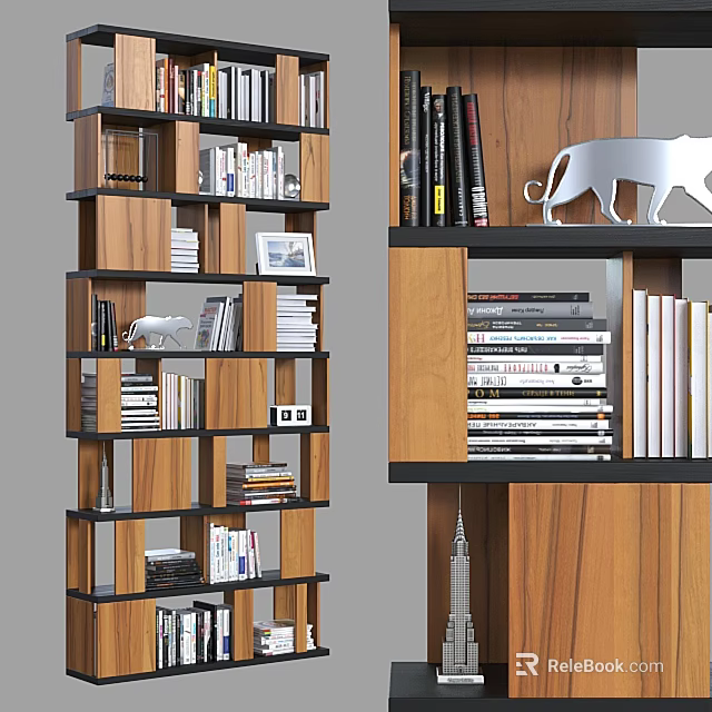 Modern Wooden Bookcase With Layered Shelves Books Photo Frames And Decorative Figurines 3d model 