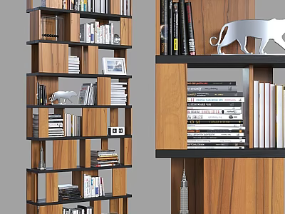 Modern Wooden Bookcase With Layered Shelves Books Photo Frames And Decorative Figurines 3d model