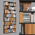 Modern Wooden Bookcase With Layered Shelves Books Photo Frames And Decorative Figurines