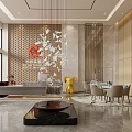 Elegant Hotel Lobby Interior With Luxurious Chandelier Sofa Area And Bookshelf Wall Design