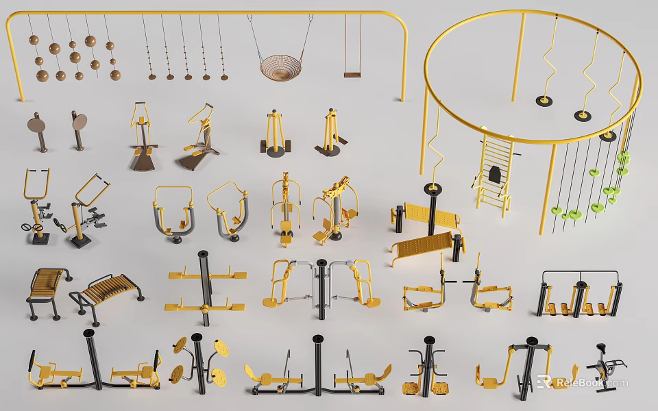 Golden And Black Fitness Equipment Collection With Various Strength Training Tools And Machines 3d model 