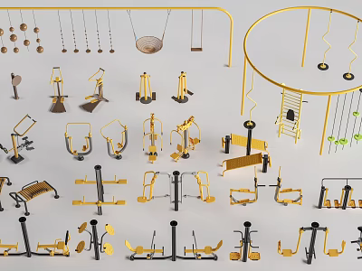 Golden And Black Fitness Equipment Collection With Various Strength Training Tools And Machines 3d model