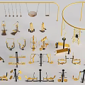 Golden And Black Fitness Equipment Collection With Various Strength Training Tools And Machines