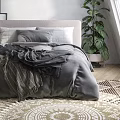 Double Bed with Gray Bedding Framed Pictures Potted Plant Near Window and Wooden Floor Rug