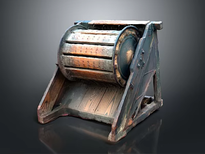 Antique Wooden Agricultural Tool With Metal Roller Grinder And Rustic Design 3d model
