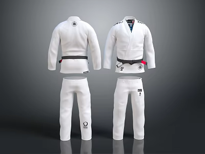 White BJJ Gi Jiu Jitsu Uniform Front Back View With Black Belt And Martial Arts Design 3d model