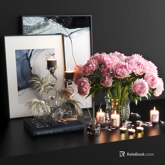 Elegant Decorative Ornament Collection With Pink Peonies Candles Framed Art Feather Decor And Books 3d model 