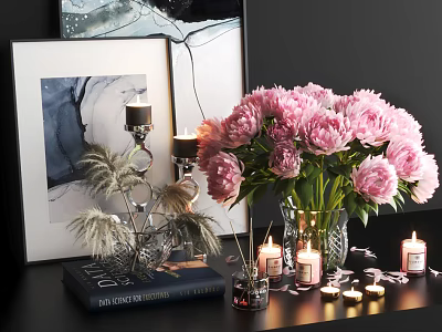 Elegant Decorative Ornament Collection With Pink Peonies Candles Framed Art Feather Decor And Books 3d model